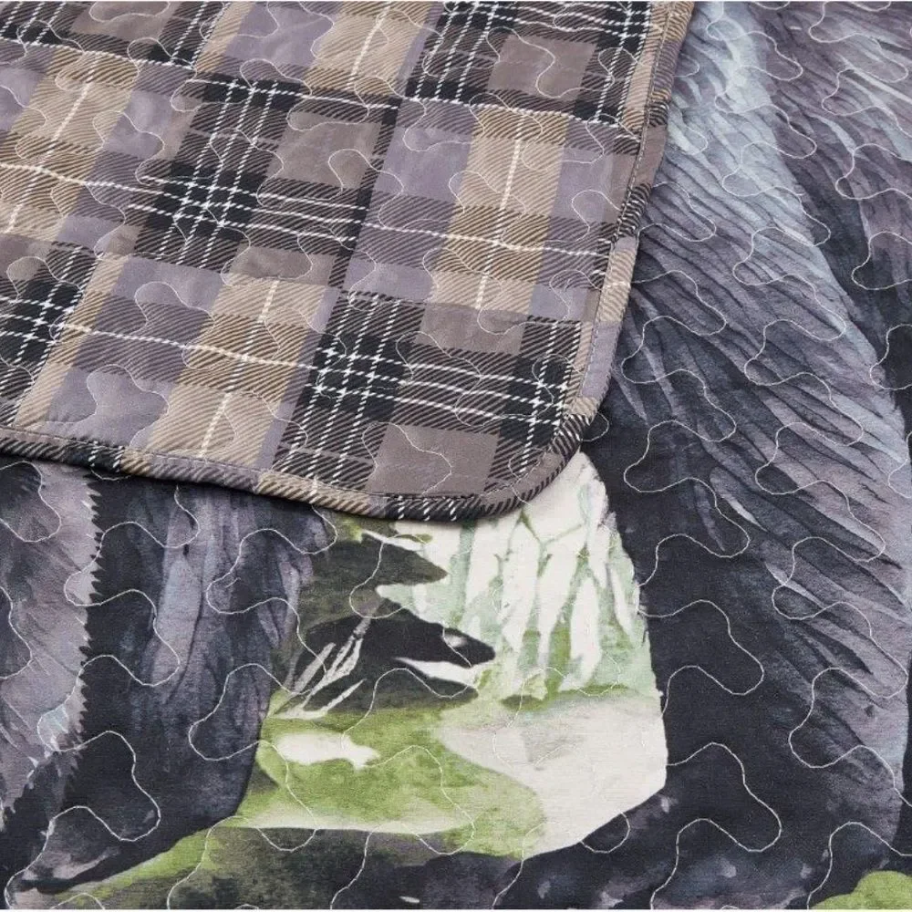 Black Bear Printed Queen Quilt Set Country Lodge Cabin Rustic Lightweight